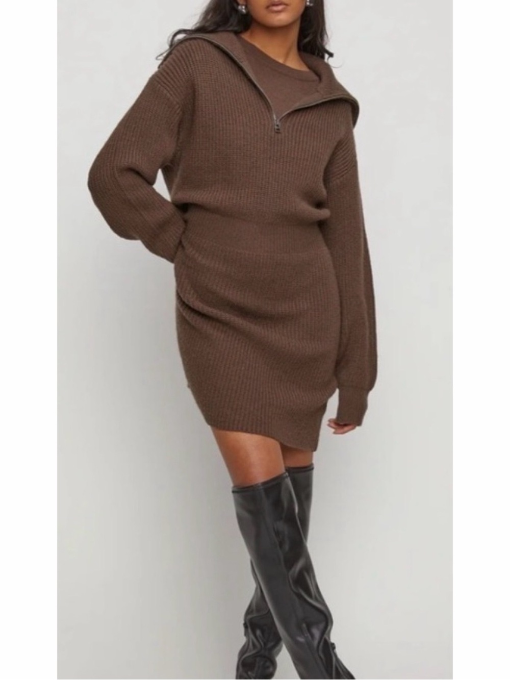 Oak + Fort Half Zip Knit Sweater Dress Brown